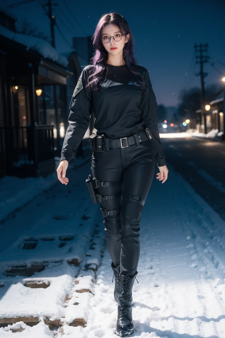 1 girl, beautiful purple hair, blue eyes detailed, wearing glasses, wearing military tactical gear, black military top, black military pants, plack military boots, winter, night, snow, realistic, ultra-detailed, HDR, 4k, full body, realistic lighting and contrast