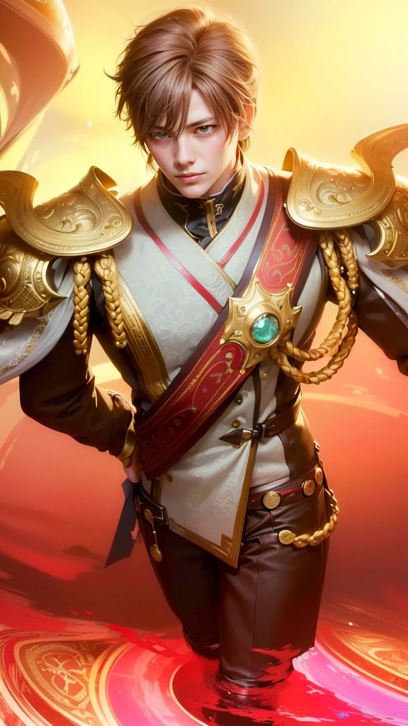 masculine male, masterpiece, ((perfect eyeest quality, (semirealism:1.9), beautiful lighting, (extremely detailed CG unity 4k fhd wallpaper), High Detail, Sharp focus, dramatic outdoors, 1 boy ,19 years old, brown hair, light purpel eyes, smile.
