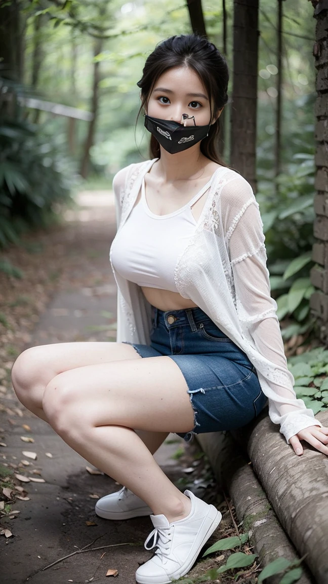 masterpiece, best quality, Surreal, Ultra Detailed, 8k resolution, RAW photos, Clear focus, (A girl in the forest),Asian woman in a blue top and white shorts posing for a photo,Breast augmentation， Full body posture, Solitary, Perfect body, Become a, 32 inches in the chest,(a charming smile:1), (sexy pose)，26 years old, light,White shoes，Nozomi Takemura, Yasumoto Oka, Chiho, Ogata Aoi, Motto Cave, Yoshitomo Nara, Kakinuchi Megumi, Harumi, Kojima De Ami, Beichuan Marin