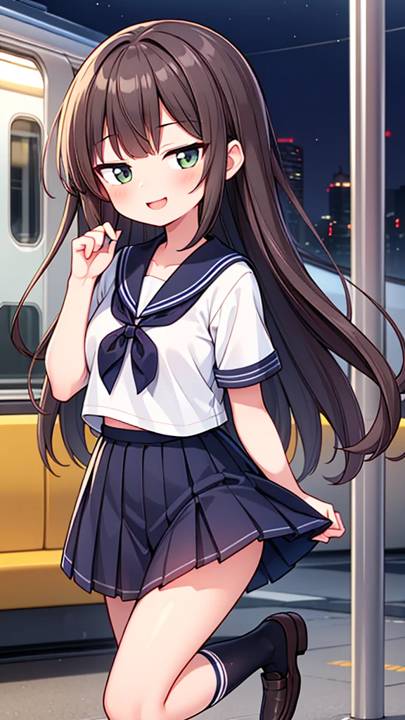 {Highest quality], [Super beautiful], [Ultra fine], [Best illustration], NSFW,Brown Hair, Hime cut, Long Hair, With bangs, girl, Sailor suit,Navy blue knee socks and black loafers,smile, blush, Slender women,Short sleeve,Long straight skirt, Adult women,Strike a Pose,Inside the train at night,diagonal,