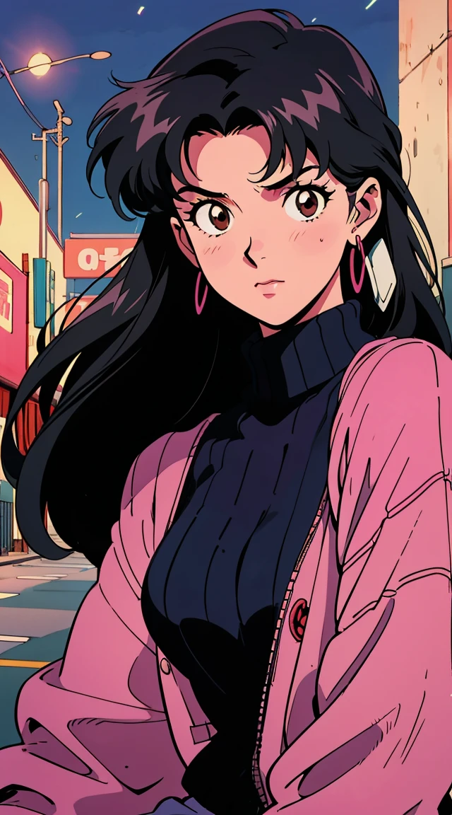 Highest image quality, 90s style anime, 24 year old girl, Misato Katsuragi Style, black hair, shoulder-length hair, brown eyes, with a pink turtleneck sweater, night street, 90s street