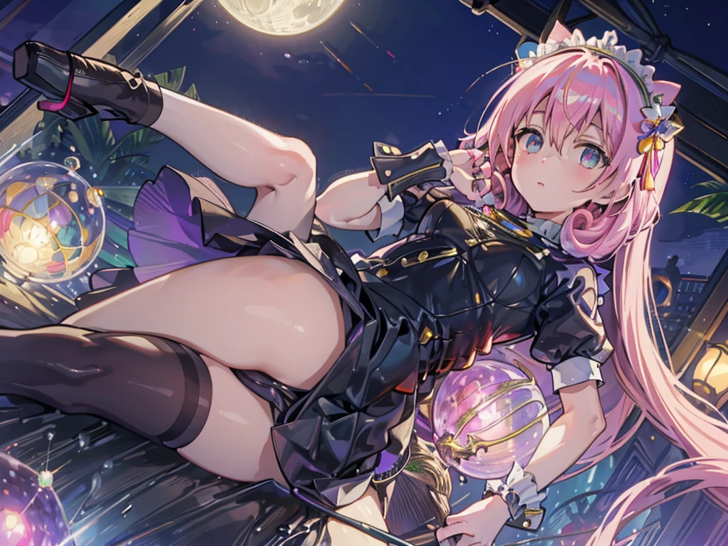 ooze out Sticky pink water,maid outfit succbus girl,Fantasy,Symmetry,starry night,the dream lands,Round library,Large Crystal Tree,a lot of iridescence sphere,celtic,Dark,Night,deserted palace,moon,shoot from below