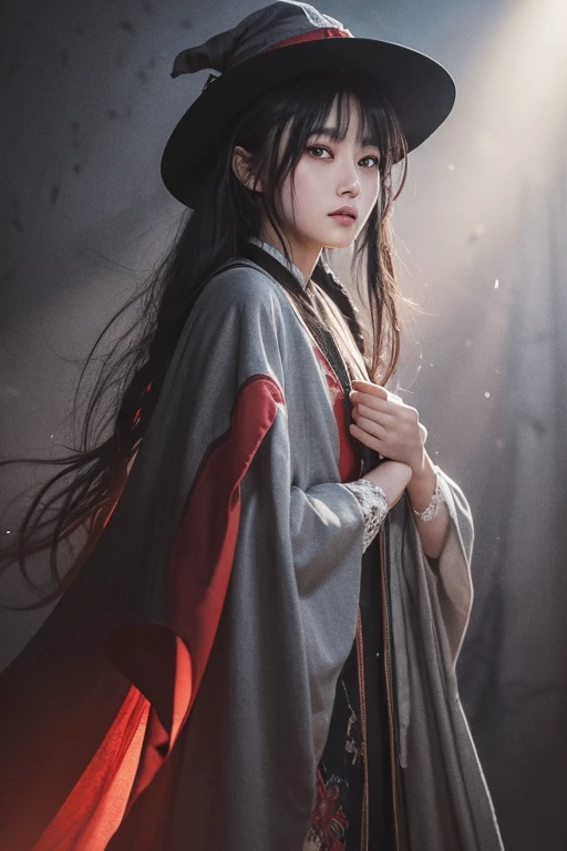 Tabletop, Highest quality, High resolution, whole body, detailed, Hands on the details, 指のdetailed, detailed面, 脚のdetailed, 1 person, alone, Wizard, Watercolor, Dark Background, The ground is white and worn,False Face, gray robe, Light red hat,Grey Eyes, Shortcuts, Black Hair,melancholy.
