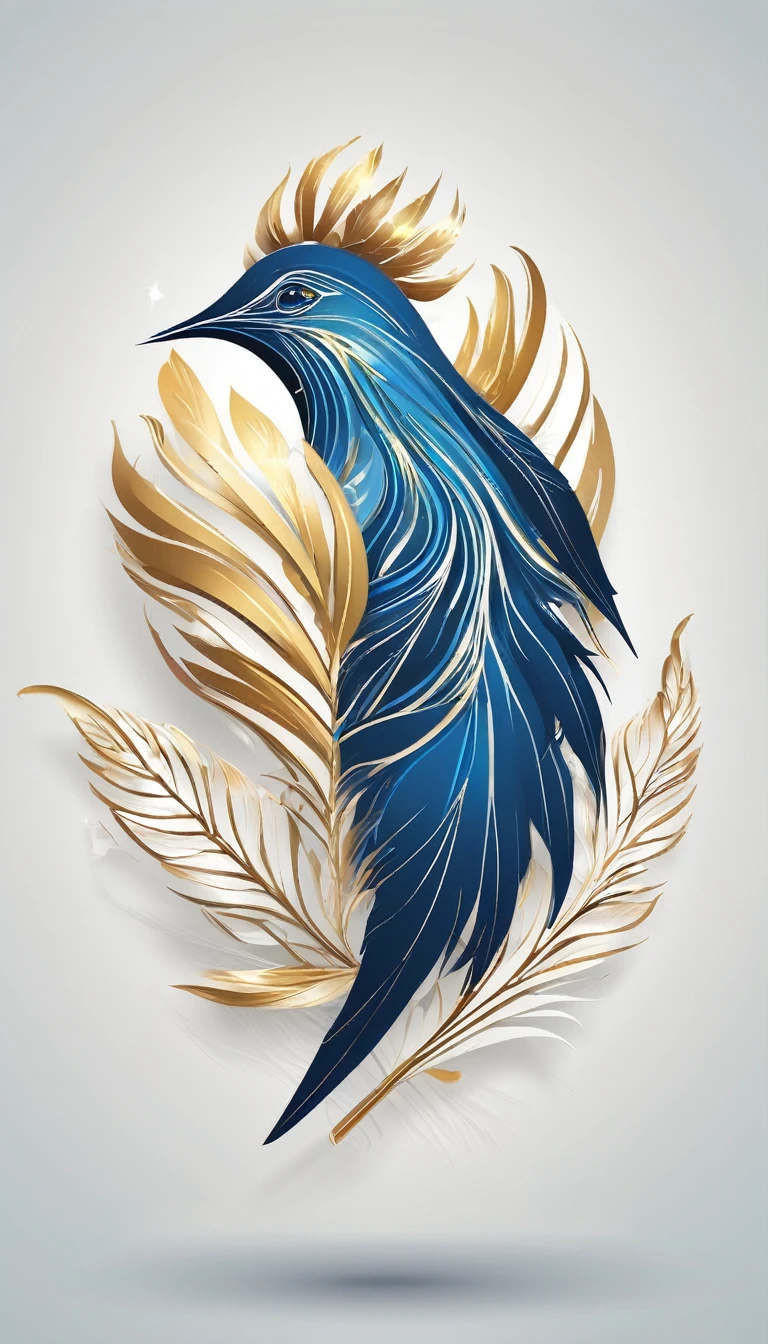 Create a flat vector, illustrative-style wordmark logo design for a storytelling and musical brand named 'Penamemoria'. The 'P' in 'Penamemoria' is transformed into a stylized feather, suggesting the brand's inspiration from fantasy birds. Use shades of blue, white and gold, evoking the imaginary and golden memories against a white background. Do not show any realistic photo detail shading. Include a boy playing acoustic guitar and a fantasy, unique feather by his side. Create a modern, logo that convey a sense of storytelling, dreaming and stories.