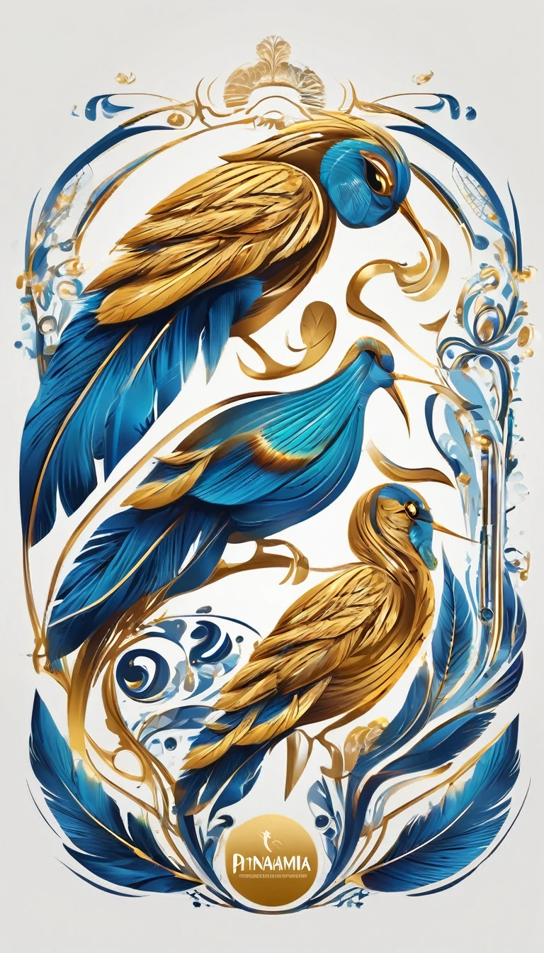 Create a flat vector, illustrative-style wordmark logo design for a storytelling and musical brand named 'Penamemoria'. The 'P' in 'Penamemoria' is transformed into a stylized feather, suggesting the brand's inspiration from fantasy birds. Use shades of blue, white and gold, evoking the imaginary and golden memories against a white background. Do not show any realistic photo detail shading. Include a boy playing acoustic guitar and a fantasy, unique feather by his side. Create a modern, logo that convey a sense of storytelling, dreaming and stories.