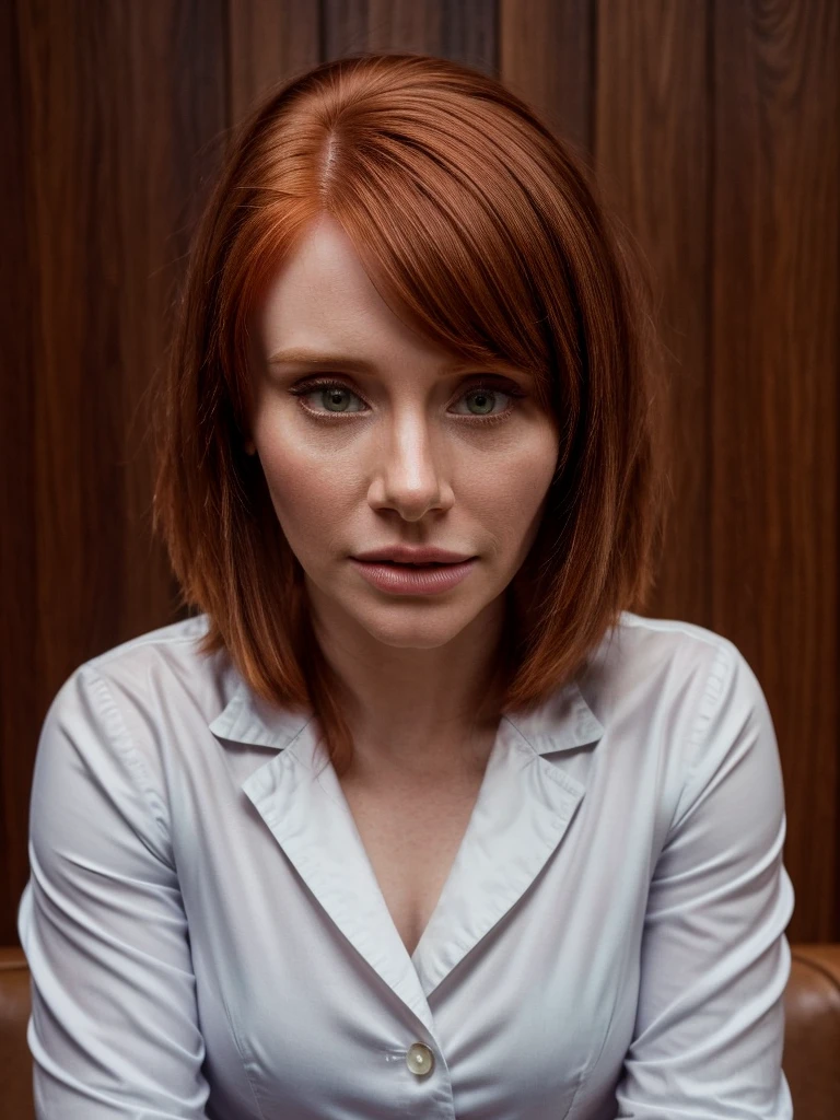 RAW portrait photo close up(Head shot) of bdh-ti-v1, bryce dallas howard,short bob haircut,natural lighting, cinematic,white satin shirt,
8k uhd, dslr, high quality, film grain, Fujifilm XT3, 
