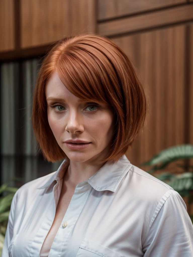 RAW portrait photo close up(Head shot) of bdh-ti-v1, bryce dallas howard,short bob haircut,natural lighting, cinematic,white satin shirt,
8k uhd, dslr, high quality, film grain, Fujifilm XT3, 
