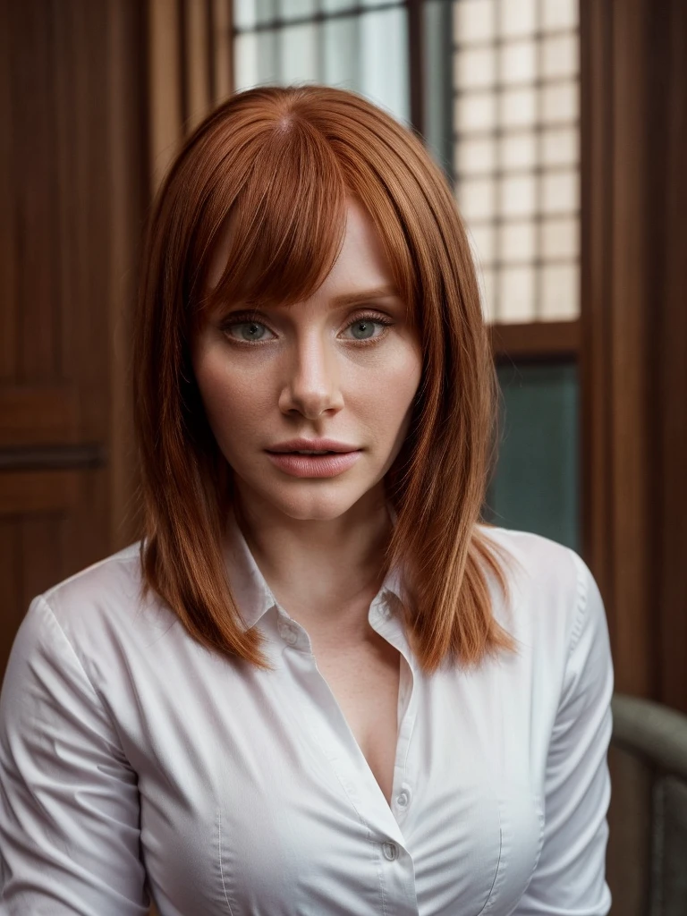 RAW portrait photo close up(Head shot) of bdh-ti-v1, bryce dallas howard,short bob haircut,natural lighting, cinematic,white satin shirt,
8k uhd, dslr, high quality, film grain, Fujifilm XT3, 
