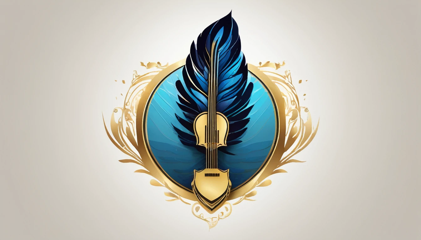 
Create a flat vector, illustrative-style wordmark logo design for a storytelling and musical brand named 'Penamemoria'. The 'P' in 'Penamemoria' is transformed into a stylized feather, suggesting the brand's inspiration from fantasy birds. Use shades of blue and gold, evoking the imaginary and golden memories against a white background. Do not show any realistic photo detail shading. Include a boy playing acoustic guitar