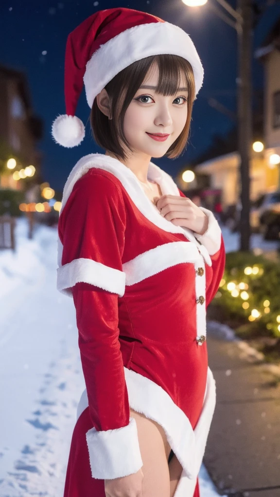 1girl, (santa claus costume:1.5), symmetry, beautiful cute ultra young girl, (slender figure:2.0), (ultra short hair:1.75), ultra big smile, (Beautiful large round droped detailed eyes:1.0), beautiful detailed lips, extremely detailed face, natural makeup, Incredibly beautiful skin, (best quality,4k,8k,highres,masterpiece:1.75),(ultra-detailed,realistic,photorealistic,photo-realistic:2.0),professional,vivid colors,studio lighting,snowing night town,christmas eve