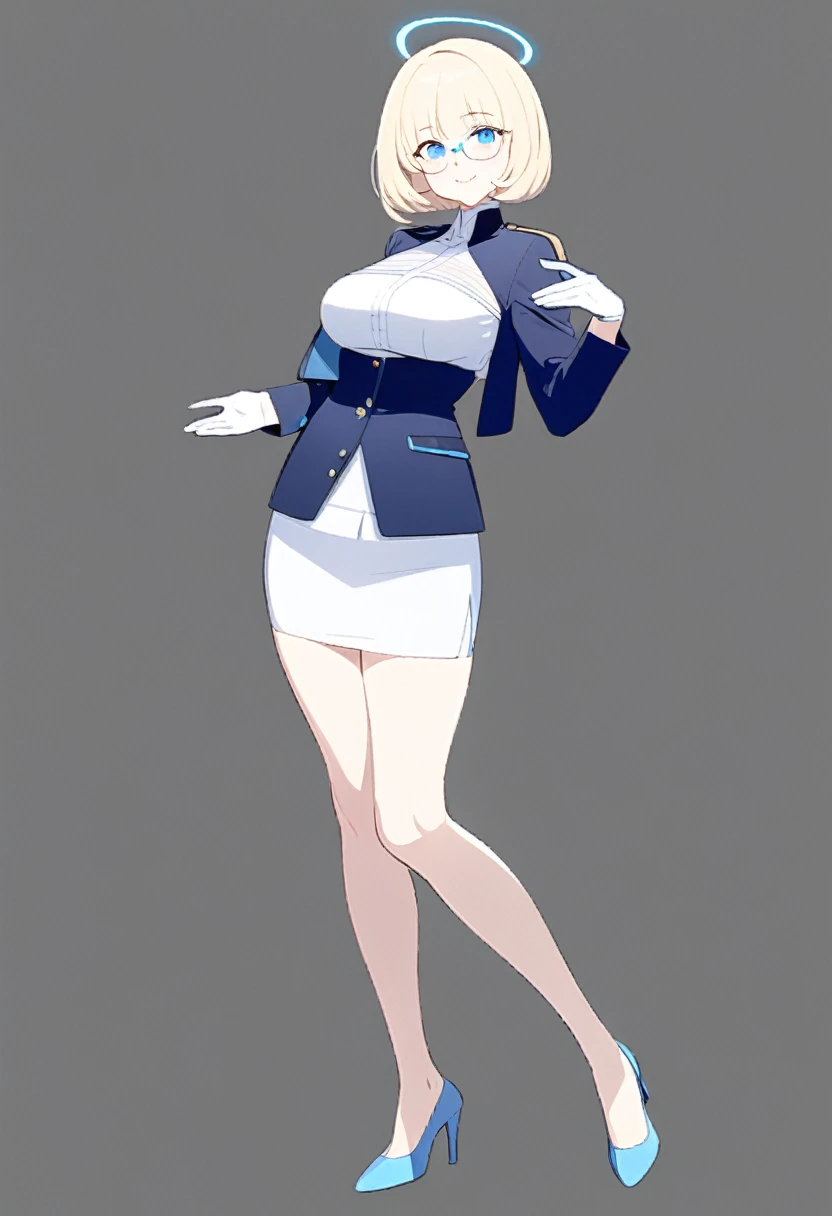 beautiful woman, solo, full-bodied, standing, medium bob cut blonde hair, light blue eyes, two points glasses, medium breasts, blue opened jacket, white blouse, beautiful knee, white long flare skirt, blue high heels, soft smile, perfect hands with 5 fingers, black background, no background