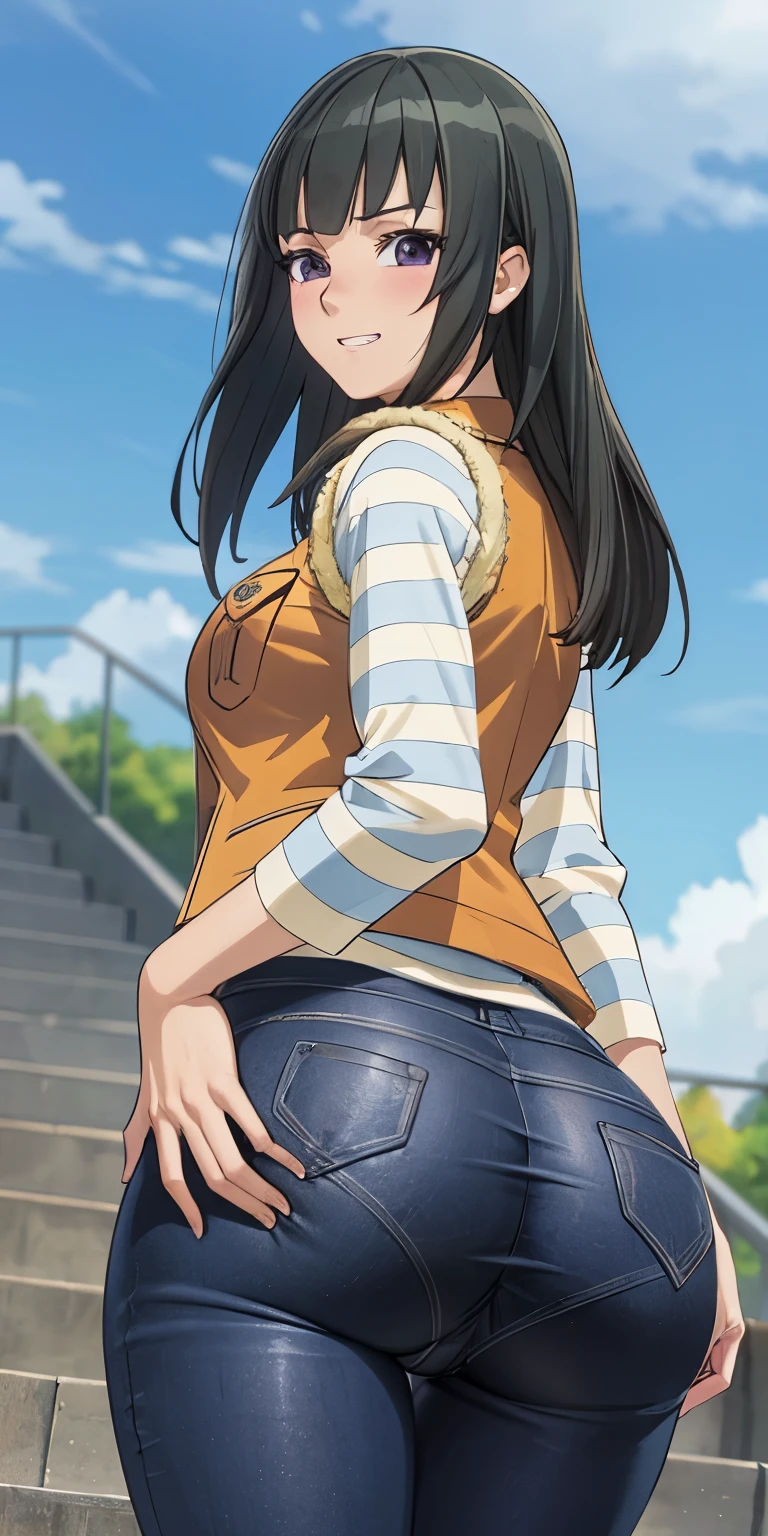 ((highest quality)), ((masterpiece)), (High resolution), 8K, best shadow, The best natural light, cinematic, woman climbing stairs、20-year-old, CC, purple eyes,1girl, solo, big grin, vest, striped shirt, striped sleeves, pants, perfect quality, good quality, masterpiece, HDR, UHD ,Looking back, bashful、((Rear view))、Angle from directly below the rear, ((View from directly below)),whole body、Manga panel layout、cartoon style、Manga Design、station stairs、on the way to school, A skirt that flips in the wind, Stylish white panties hidden under a skirt, slender body,beautiful thighs, embarrassed expression, blush, huge ass,big ass,((upper body)),detailed face, perfect face,4k,ultra high definition ,((big ass)), ((huge ass:1.5)) ,(wide hips )
