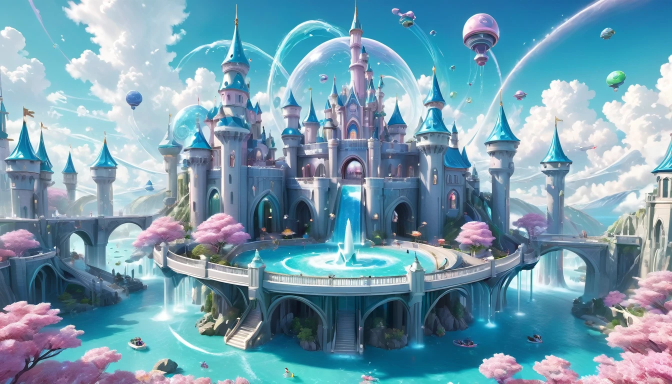 3D render of an adorable cartoon castle with water slides, puffy clouds and pastel colors, in the style of pop mart, pink and blue color scheme, sky background, hyper realistic, detailed, octane rendering, studio lighting, fantasy. --s 750 --niji 6--ar 3:4,A futuristic city with flying cars and holographic displays, connected by spiral bridges over an ethereal ocean. The sky is a clear blue, and the buildings have metallic textures. In one corner of the scene, there is a large floating structure resembling the torus symbol, glowing in shades of a white to light blue gradient. A drone flies above it, capturing its majestic presence against the backdrop of thedlistant planet. --s 750 --v 6.0