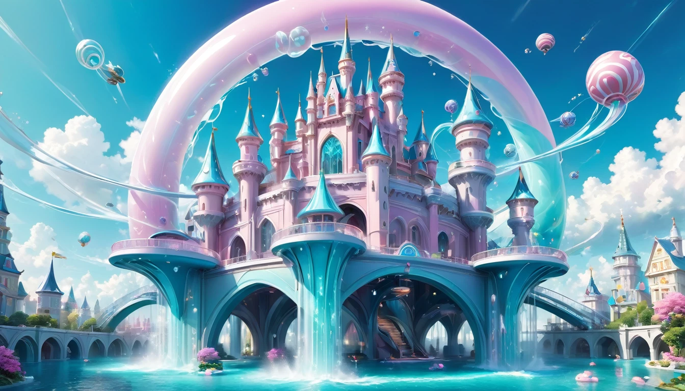 3D render of an adorable cartoon castle with water slides, puffy clouds and pastel colors, in the style of pop mart, pink and blue color scheme, sky background, hyper realistic, detailed, octane rendering, studio lighting, fantasy. --s 750 --niji 6--ar 3:4,A futuristic city with flying cars and holographic displays, connected by spiral bridges over an ethereal ocean. The sky is a clear blue, and the buildings have metallic textures. In one corner of the scene, there is a large floating structure resembling the torus symbol, glowing in shades of a white to light blue gradient. A drone flies above it, capturing its majestic presence against the backdrop of thedlistant planet. --s 750 --v 6.0