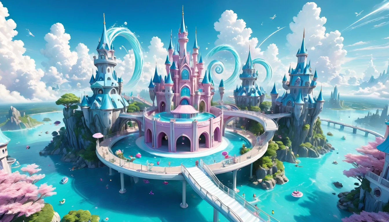 3D render of an adorable cartoon castle with water slides, puffy clouds and pastel colors, in the style of pop mart, pink and blue color scheme, sky background, hyper realistic, detailed, octane rendering, studio lighting, fantasy. --s 750 --niji 6--ar 3:4,A futuristic city with flying cars and holographic displays, connected by spiral bridges over an ethereal ocean. The sky is a clear blue, and the buildings have metallic textures. In one corner of the scene, there is a large floating structure resembling the torus symbol, glowing in shades of a white to light blue gradient. A drone flies above it, capturing its majestic presence against the backdrop of thedlistant planet. --s 750 --v 6.0