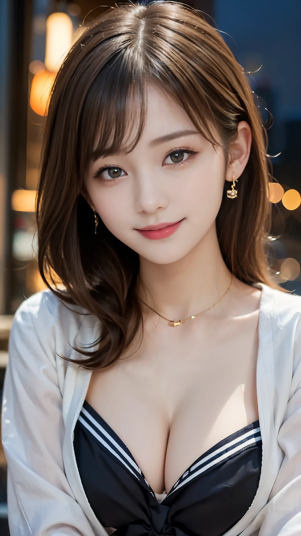 ((Sailor suit、Highest quality、Masterpiece、High resolution))、(((Zoom photo of upper body)))、(A shy smile:1.2)、One -yeld fee、Beautiful Skin、Beautiful Eyes、Cleavage、Night in the city