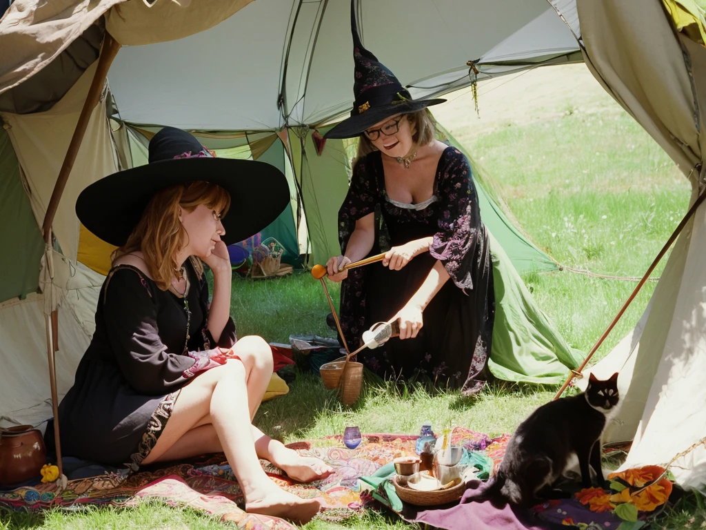 groovy old 1960s witch woman, floral dress, glasses, witch hat, black cat, sitting in a tent smoking her pipe at Woodstock music festival