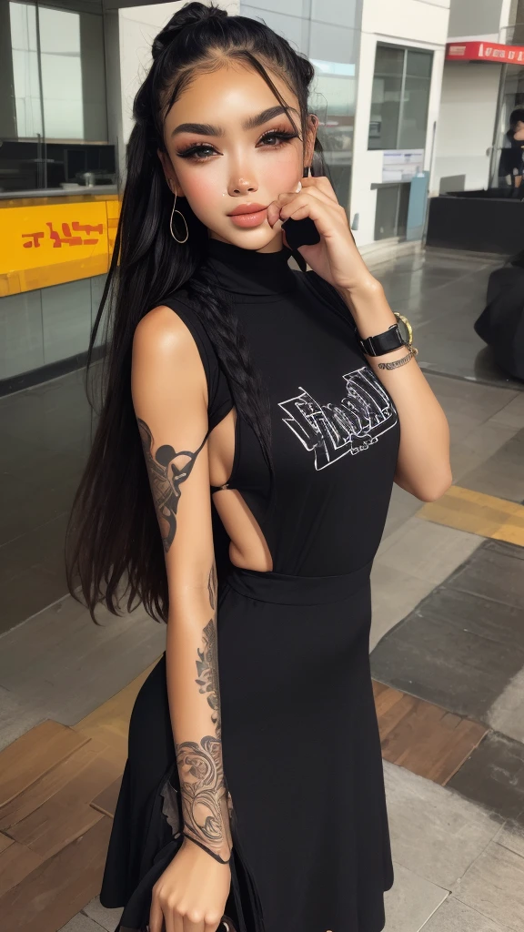 Uma jovem de cabelos longos na cor preta, vestido uma jaqueta de corrida preta, leve maquiagem, piercing no nariz, ao lado de um garoto com cabelos pretos, tatuagem, vestido com roupa preta.