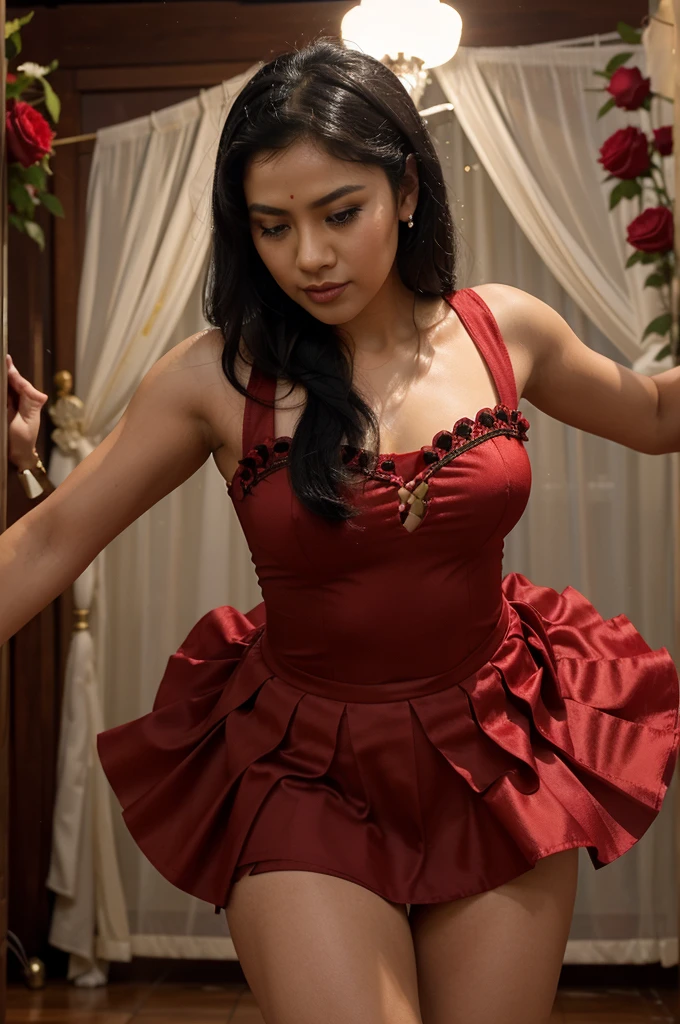Prompt Gratis Edisi Sore Ini :
Create a realistic close up image of an Indonesian woman with black hair wearing a traditional Latin dance costume. Facing the camera, she held bright red roses, which added a romantic touch. The movements are light and powerful, dancing the cha-cha-cha to the rhythm of the music.