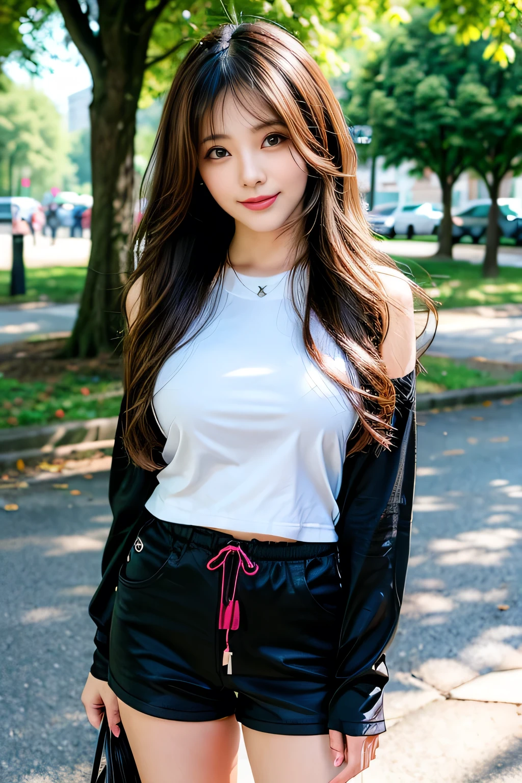 ((Full Body Angle))、((Front hair:1.2))、((Highest quality, 8K, masterpiece: 1.3)), concentrated: 1.2, Cute girl 1,Nipples erect、 Perfect beauty: 1.4,Cut and sewn T-shirt Raglan sleeve summer short sleeve T-shirt.Shorts: 1.2,Long sleeve、Randall Color、comics＆Text Graphics、Black ruffle-trimmed drawstring zip blouse,1.1, Highly detailed face and skin textures, Fine grain, double eyelid, whitening skin, ,Highest quality,Ultra-high resolution,you,1 girl,alone,_Shiny_skin,Iris,necklace,((brown_length_Wavy_hair)),(lips)),eyelash,Front hair,deal with,compensate,Shiny,pore,skin,Large Breasts、smiling face、Walking in the park、walk、