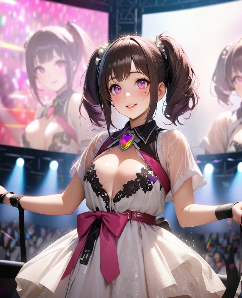 One Girl、Looking at the audience、lovely,
Beautiful pink eyes、short twin tail hair , Mole under the eye、Plump and glossy lips、Heart-shaped choca、Idol、Her name is Rico,smile、ー、。.。.。.。.。.。.。.。.。.。.。.。.。.。.。.。.。.。.3D、Realistic、
The idol's costume was soaked in the heavy rain, and her chest was wet and transparent.Heavy rain at outdoor concert, Drape clothes、gem、The decoration has been removed、Floral、Lace trim,On a glittering stage、
masterpiece、highest quality、8k、Detailed skin texture、Detailed cloth texture、Beautifully detailed face、Intricate details、Very detailed、
超A high resolution、8k Ultra HD、Film Grain、Best Shadow、delicate、Gazing at the audience、front