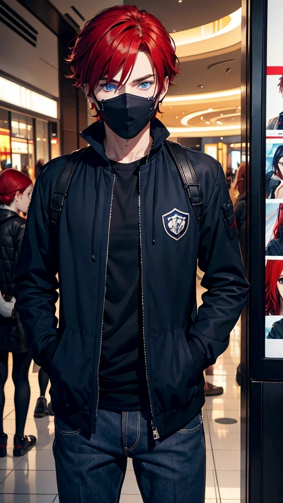 A blue-eyed man with a handsome face and red hair parted in the middle was taking a photo at the mall while wearing a black mask and dark clothes.