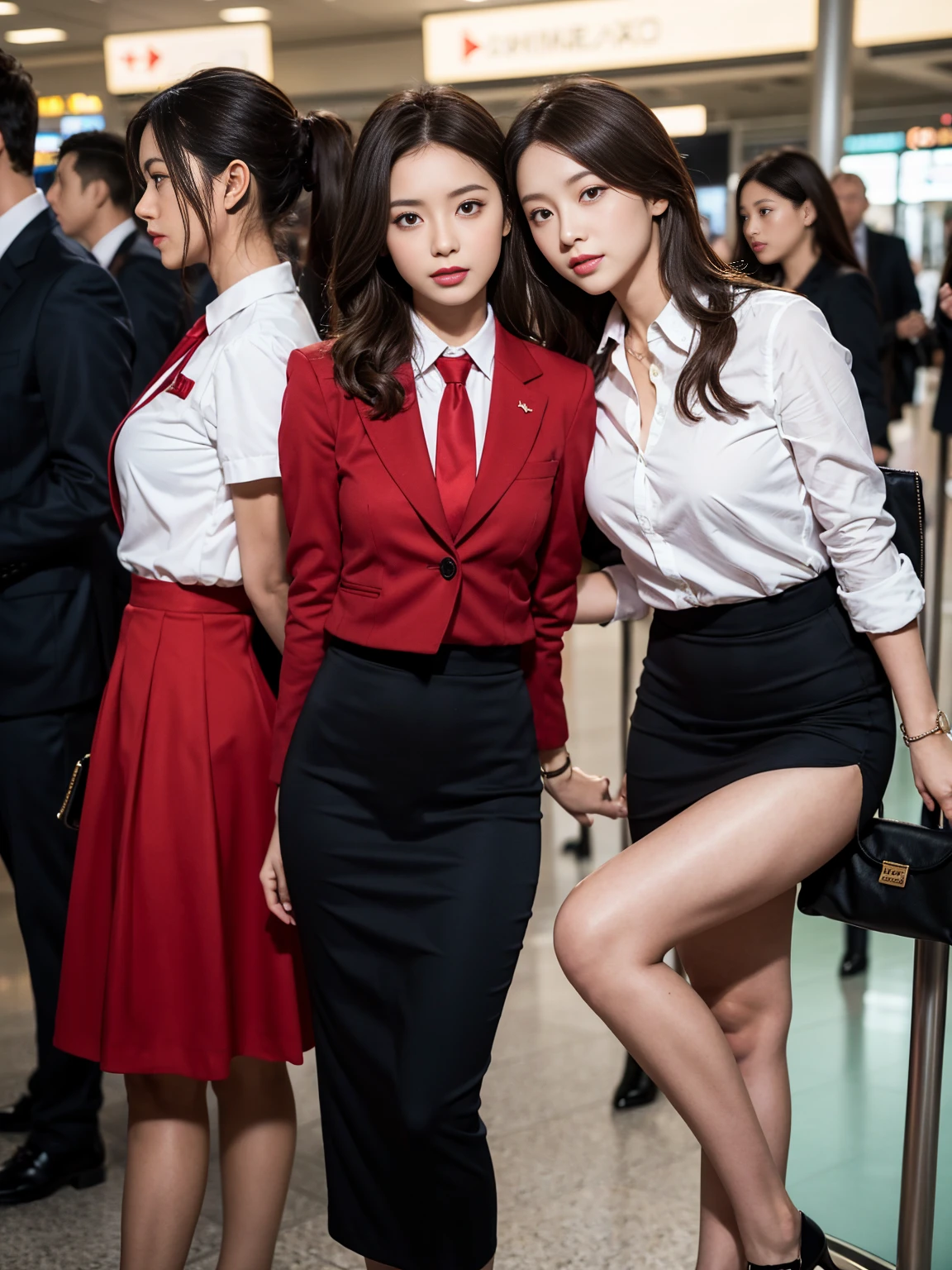 {{Mature Woman, White people}}, View your viewers, Hazel Eyes, Very detailed, Medium chest, Brown Hair, airport, flight attendant, uniform, A nice red blazer, Red nice tie, Black Cart, Midi Skirt, Pencil Skirt, Red nice high heels, Happy, 最high quality, high quality, Very detailed anime screencap, {{{{Crowded, Multiple Girls, Thousands of sisters, Millions of sisters,Billions of Sisters, clone, Doppelganger, Matching outfits, Matching hairstyle}}}}, whole body