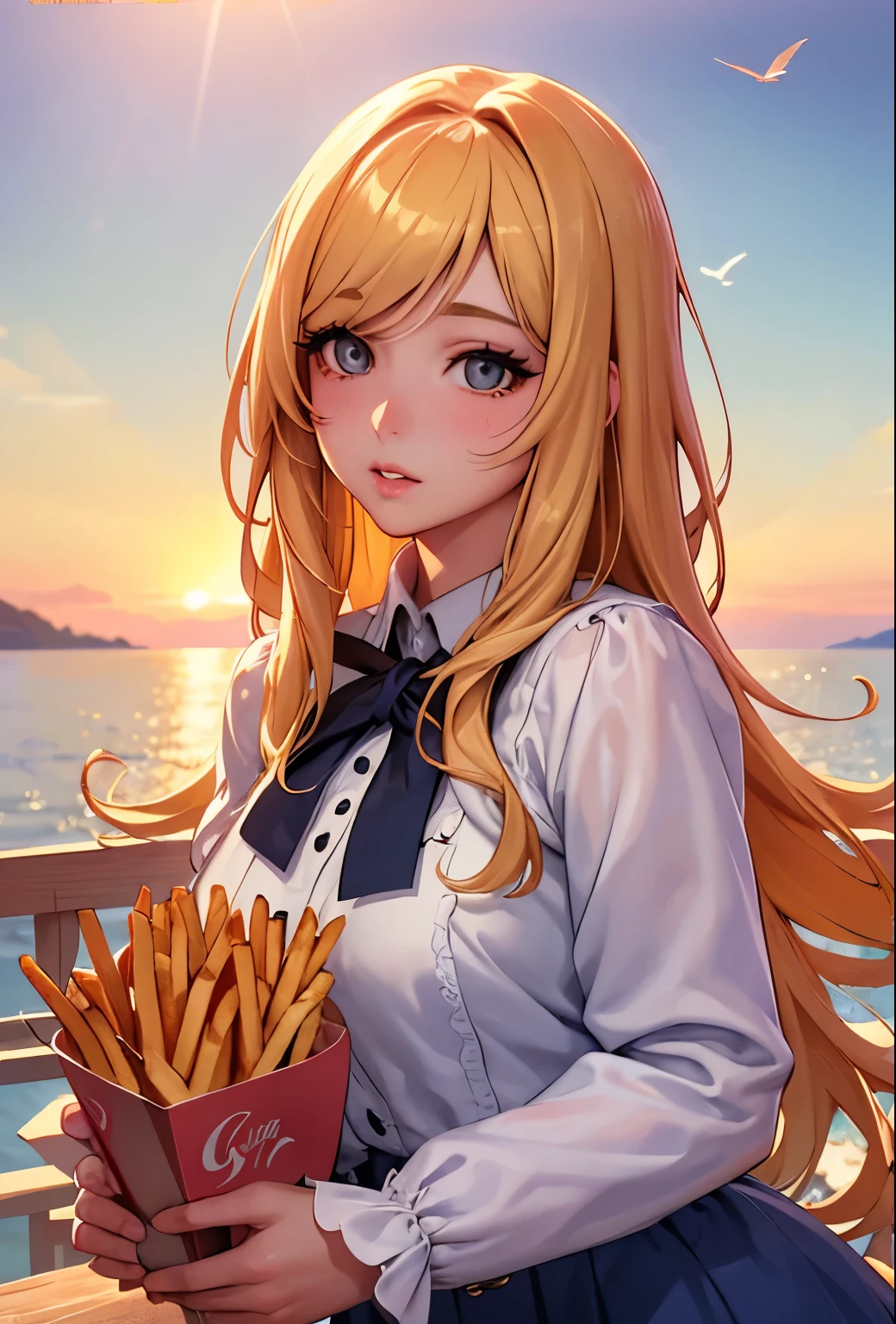 Seagulls in the sky, a beautiful anime girl, eating french fries, detailed face, detailed eyes, detailed lips, long eyelashes, detailed hair, intricate clothing, serene seaside landscape, golden hour lighting, vibrant colors, cinematic composition, highly detailed, 8k, photorealistic, masterpiece, 