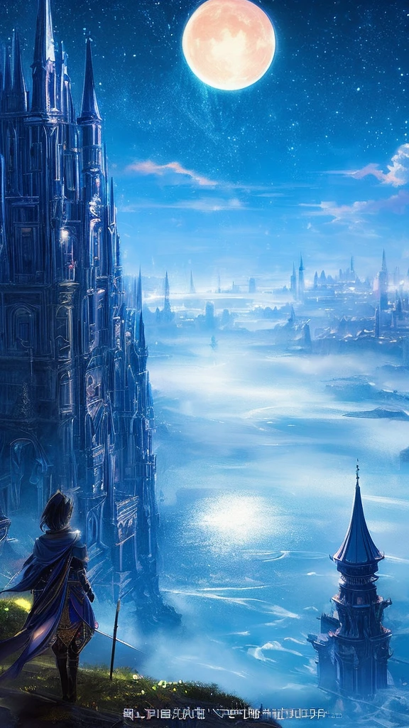 the met、Painting of a river with stars and moon in the sky、the met、Shining skyscrapers、Shine across the board、Skyscrapers、Concept art inspired by Mitsuoki Tosa、pixiv contest winners、top-quality、Fantasyart、beautiful anime scene、Bright moon、Moonlit star environment、Dream painting、Anime Background Art、Fantasy landscape art、fantasy knight、anime backgrounds、background artwork、Fantastic art、atmospheric anime、starrysky、Detail has been enhanced。