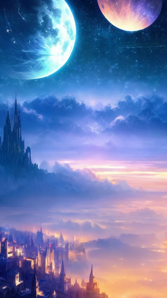 the met、Painting of a river with stars and moon in the sky、the met、Shining skyscrapers、Shine across the board、Skyscrapers、Concept art inspired by Mitsuoki Tosa、pixiv contest winners、top-quality、Fantasyart、beautiful anime scene、Bright moon、Moonlit star environment、Dream painting、Anime Background Art、Fantasy landscape art、fantasy knight、anime backgrounds、background artwork、Fantastic art、atmospheric anime、starrysky、Detail has been enhanced。