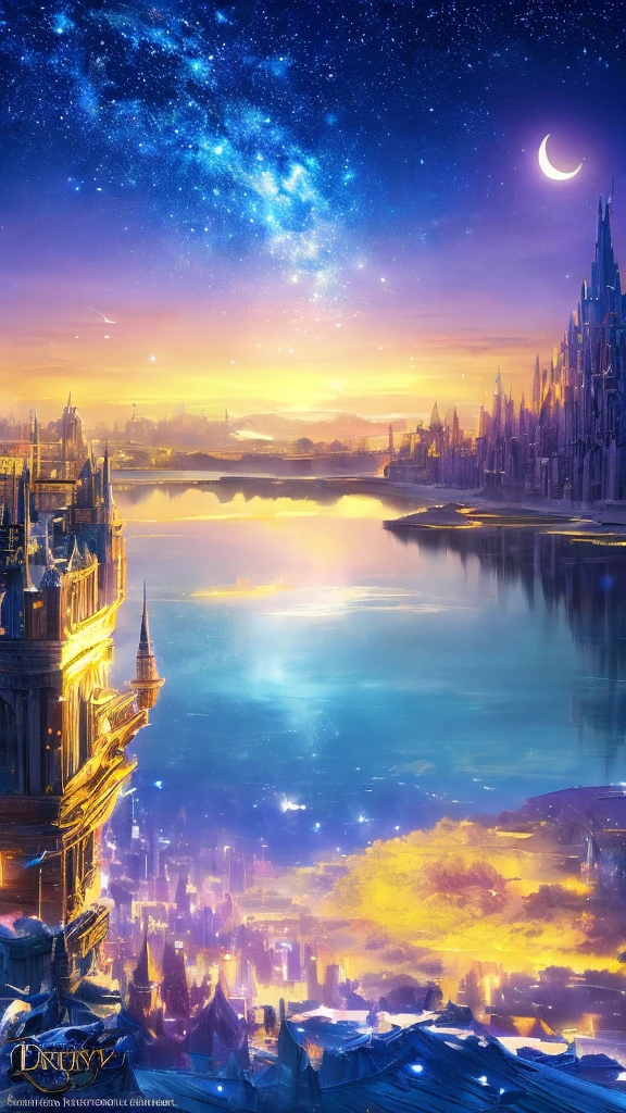 the met、Painting of a river with stars and moon in the sky、the met、Shining skyscrapers、Shine across the board、Skyscrapers、Concept art inspired by Mitsuoki Tosa、pixiv contest winners、top-quality、Fantasyart、beautiful anime scene、Bright moon、Moonlit star environment、Dream painting、Anime Background Art、Fantasy landscape art、fantasy knight、anime backgrounds、background artwork、Fantastic art、atmospheric anime、starrysky、Detail has been enhanced。