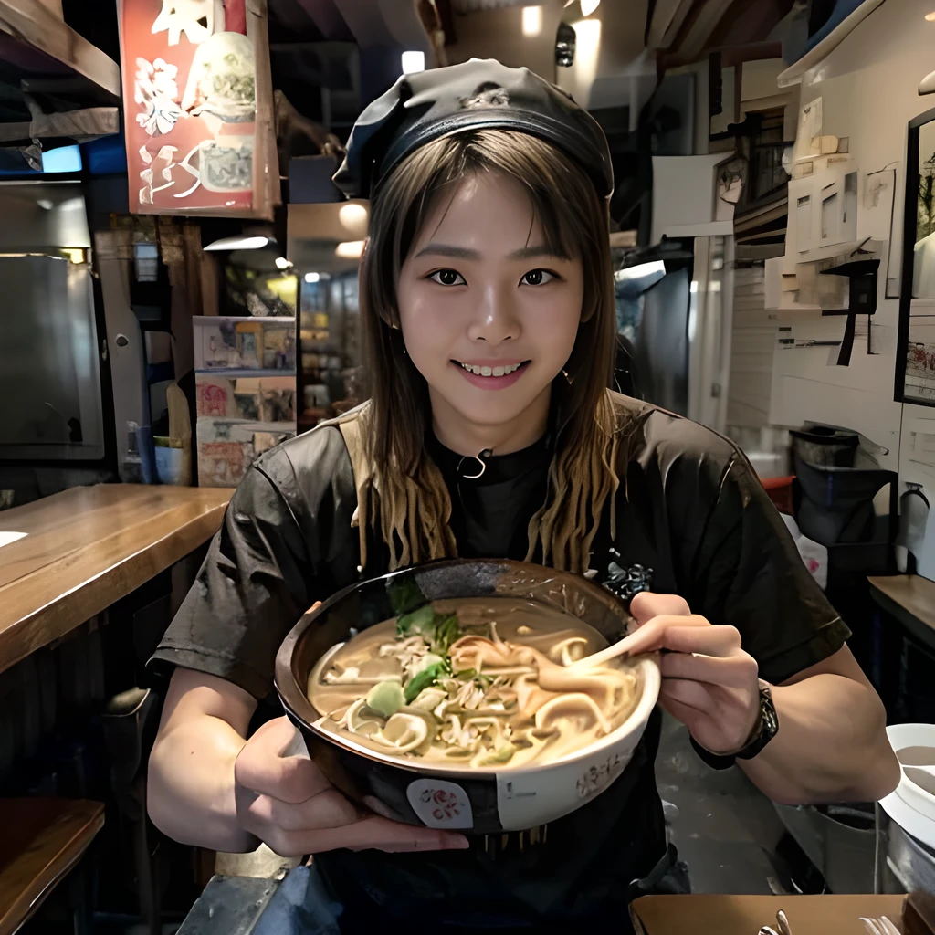 8K, ultra detailed, (realistic:1.2), masterpiece, 40yo, (ramen:1.4), BREAK, A man wearing a black T-shirt and a white bandana on his head, (muscular, fat:1.0), BREAK Ramen restaurant,(smile:1.3), BREAK (ramen is nearly by the man:1.4)