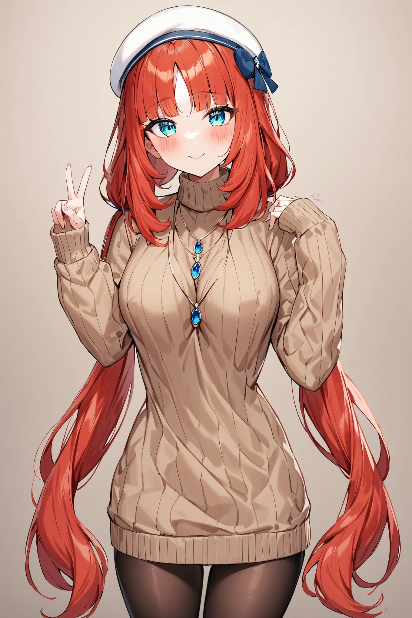 masterpiece,best quality,very aesthetic,absurdres,
nilou \(genshin impact\), 1girl, solo, pantyhose, contemporary, long hair, smile, breasts, alternate costume, long sleeves, sleeves past wrists, sweater, jewelry, bangs, looking at viewer, v, brown sweater, between breasts, red hair, hat, turtleneck, casual, blue gemstone, closed mouth, medium breasts, covered nipples, parted bangs, aqua eyes, blue bow, white headwear, bow, signature, turtleneck sweater, beret, cowboy shot, black pantyhose, blush, necklace, very long hair, hand up, blurry, twintails, low twintails