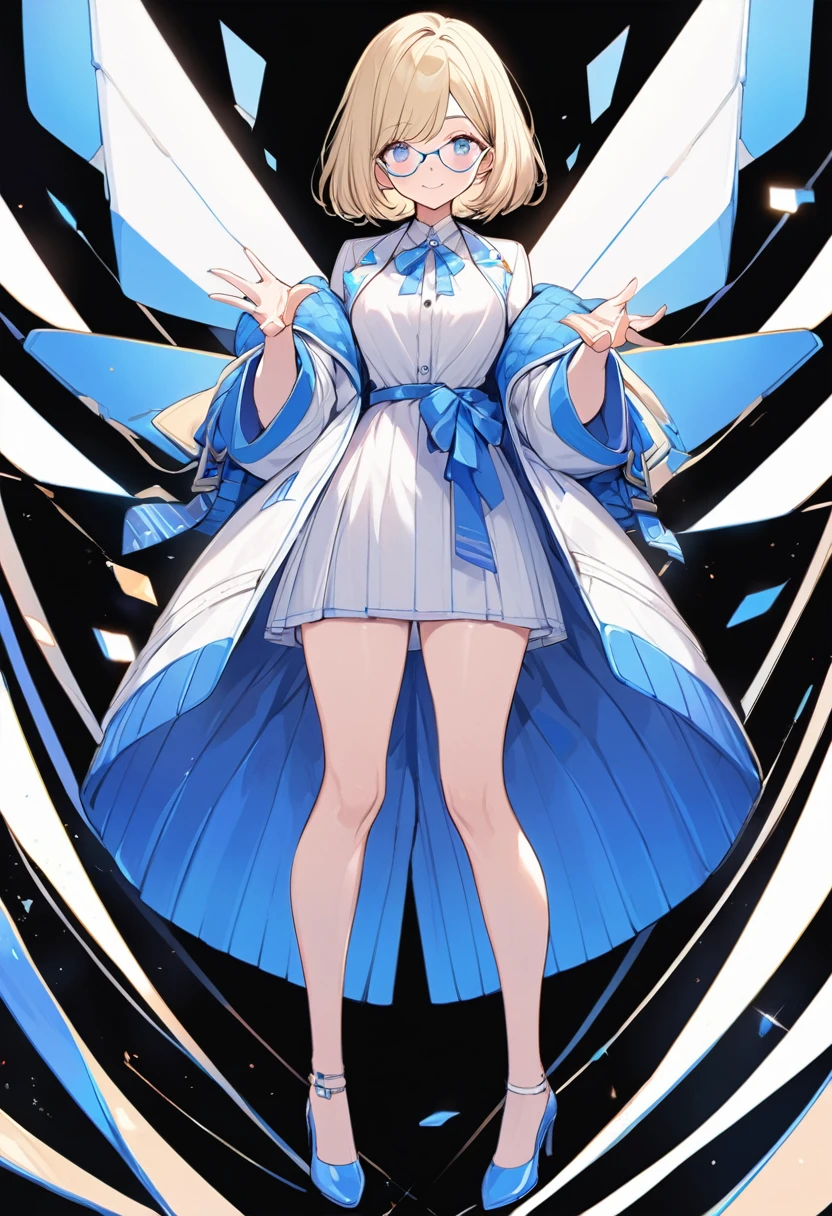 beautiful woman, solo, full-bodied, standing, medium bob cut blonde hair, light blue eyes, two points glasses, medium breasts, blue opened jacket, white blouse, beautiful knee, white long flare skirt, blue high heels, soft smile, perfect hands with 5 fingers, black background, no background