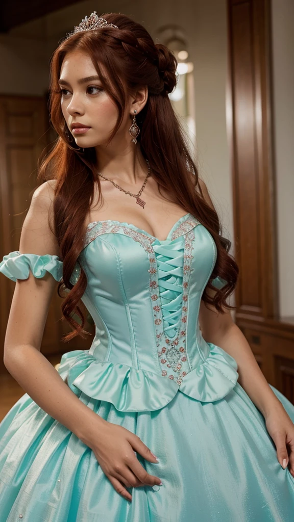 Top (Corset):
Style: The corset-style top features a sweetheart neckline, emphasizing the bust area.
Embellishments: Ruffled trim and decorative stitching create a panelled look.
Back Detail: The corset is cinched at the waist with ribbon lacing.
Sleeves: Puffed sleeves sit off-the-shoulder, adorned with matching ruffled trim.
Fabric: Shiny satin or a similar material in light blue.
Skirt:
Style: The short, voluminous skirt flares above the knee.
Layers: It appears layered for fullness.
Hemline: Ruffled trim along the hem complements the corset and sleeves.
Color: Predominantly light blue with white trim.
Waist Accent:
A wide sash or ribbon in a darker shade of blue ties into a large bow at the back.
Setting:
The wearer stands amidst pumpkins, suggesting a festive occasion—perhaps Halloween.
Background: Palm trees hint at a warm climate.
This whimsical ensemble combines tradition with fantasy, making it perfect for magical celebrations! 🎃🌟
