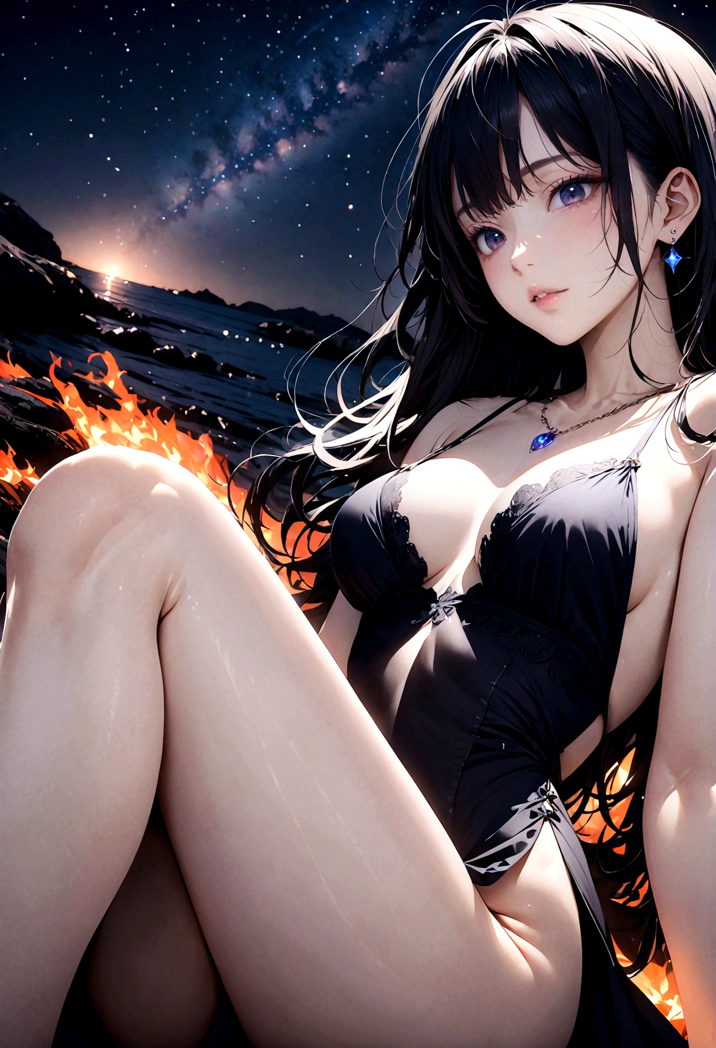 8k, masterpiece, RAW Photos, Highest quality, Realistic, Very detailed, Depth of written boundary, Cinematic Light, Anatomically correct body,
One beautiful witch, Very beautiful face, Exquisitely detailed face, Goddess-like deity々Beautiful, Very sensitive skin, Transparent white skin, Glamorous Body,
Wavy black long hair, Beautiful legs,
A high-slit dress with fluttering lace, Detailed cloth texture, Gorgeous necklace, Gorgeous earrings,
Dark starry background, Milky Way Galaxy, Meteors, Dark coastline at night, Pitch black sea surface,
Low angle shot,