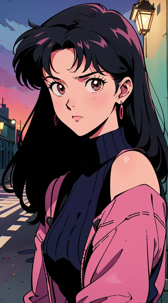 Highest image quality, 90s style anime, 24 year old girl, Misato Katsuragi Style, black hair, shoulder-length hair, brown eyes, with a pink turtleneck sweater, night street, 90s street