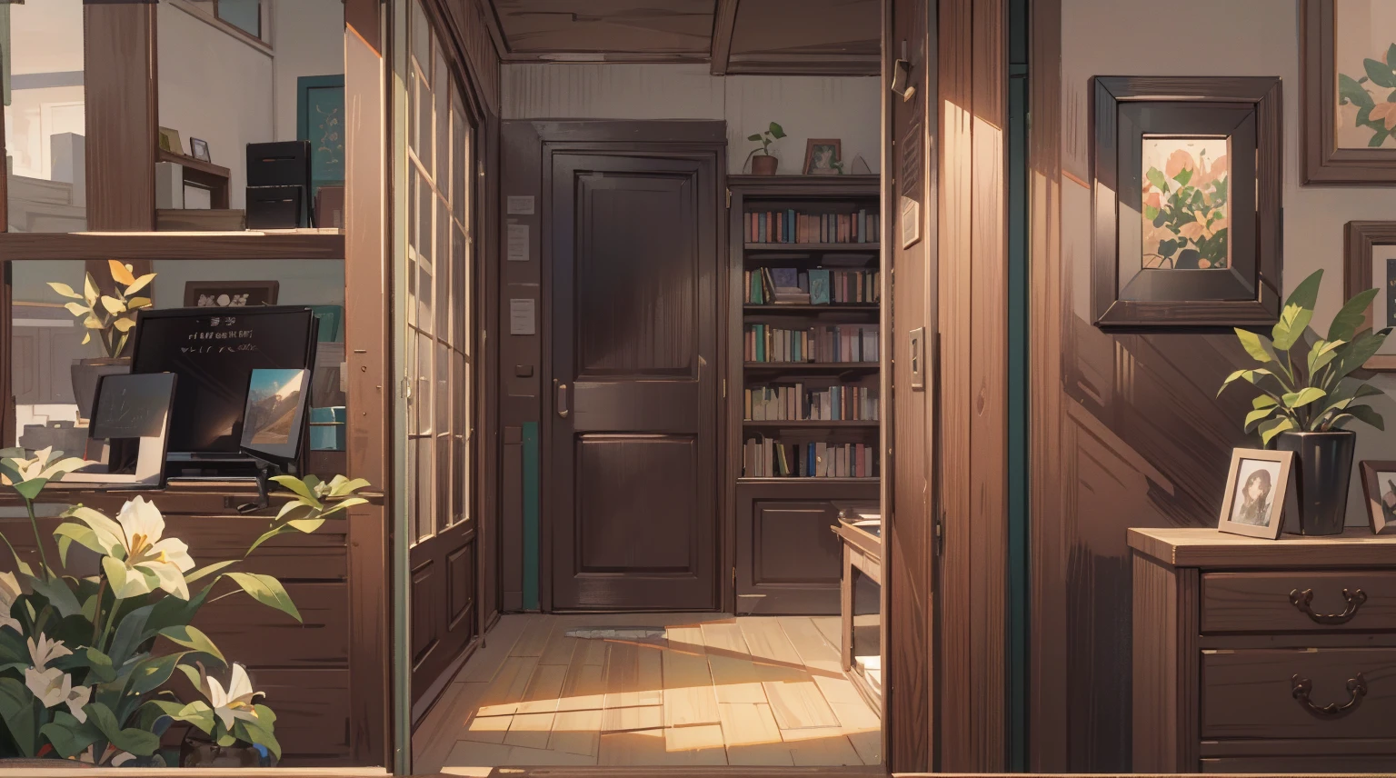 (Masterpiece), Best quality, Ultra-high resolution, detailed structure, Detailed architecture, (Warm pastel colors), indoor,(nobody:1.5)Pull the door frame to see the living room,Behind is the living room, plant, Stamens, indoor。Entrance