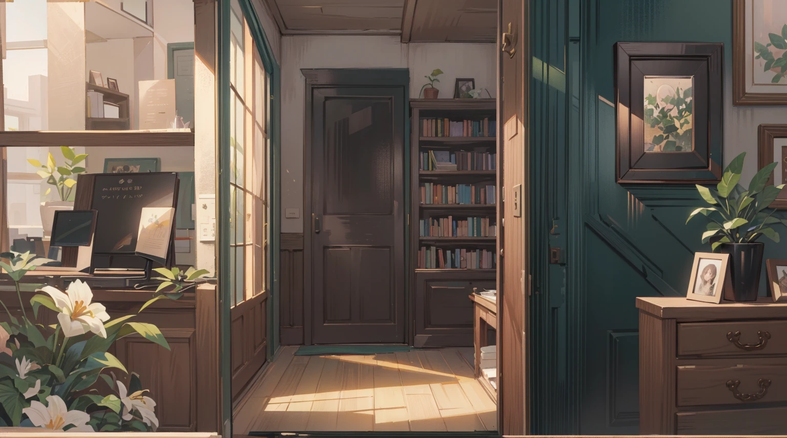(Masterpiece), Best quality, Ultra-high resolution, detailed structure, Detailed architecture, (Warm pastel colors), indoor,(nobody:1.5)Pull the door frame to see the living room,Behind is the living room, plant, Stamens, indoor。Entrance
