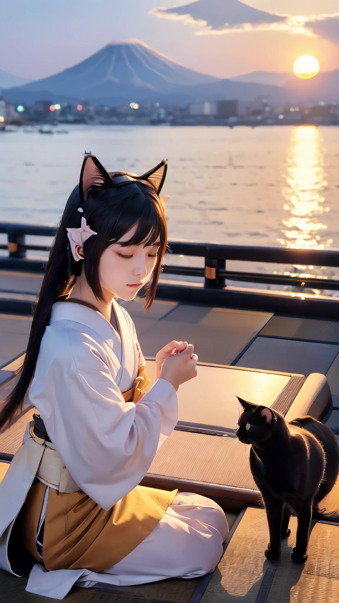 (Japanese idle:1.6), (Cat ears:1.3), Holding Cat, close eyes, Sitting in sunset seashore,