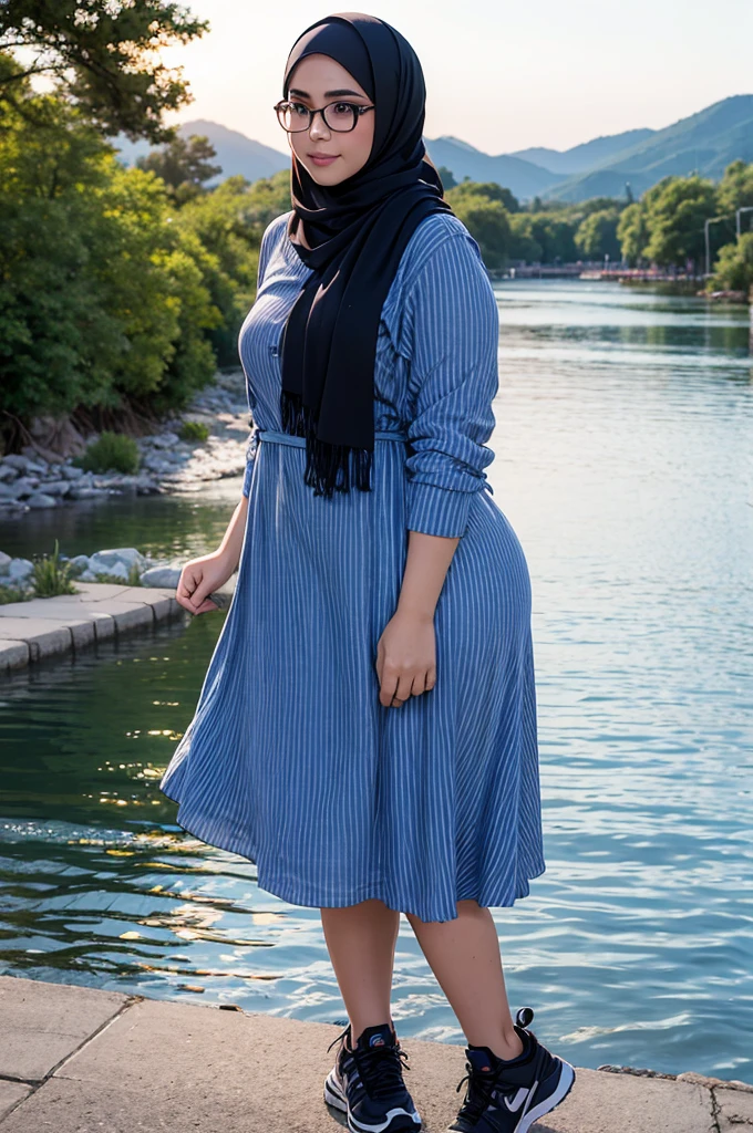 Hijab Beautiful sensual woman with a curvy body, long hair, bangs, twintail, wide waist, fitting breasts, curvy accentuated booty, sparkling eyes, long eyelashes, Strong calves, light smile, taniaayusiregar, beautiful striped summer dress, sneakers, glasses, posing for a picture, river in the background, small Mountain village, photorealistic, sunset, Masterpiece, bokeh, Volumetric lighting, summer atmosphere, high angle shot Hijab