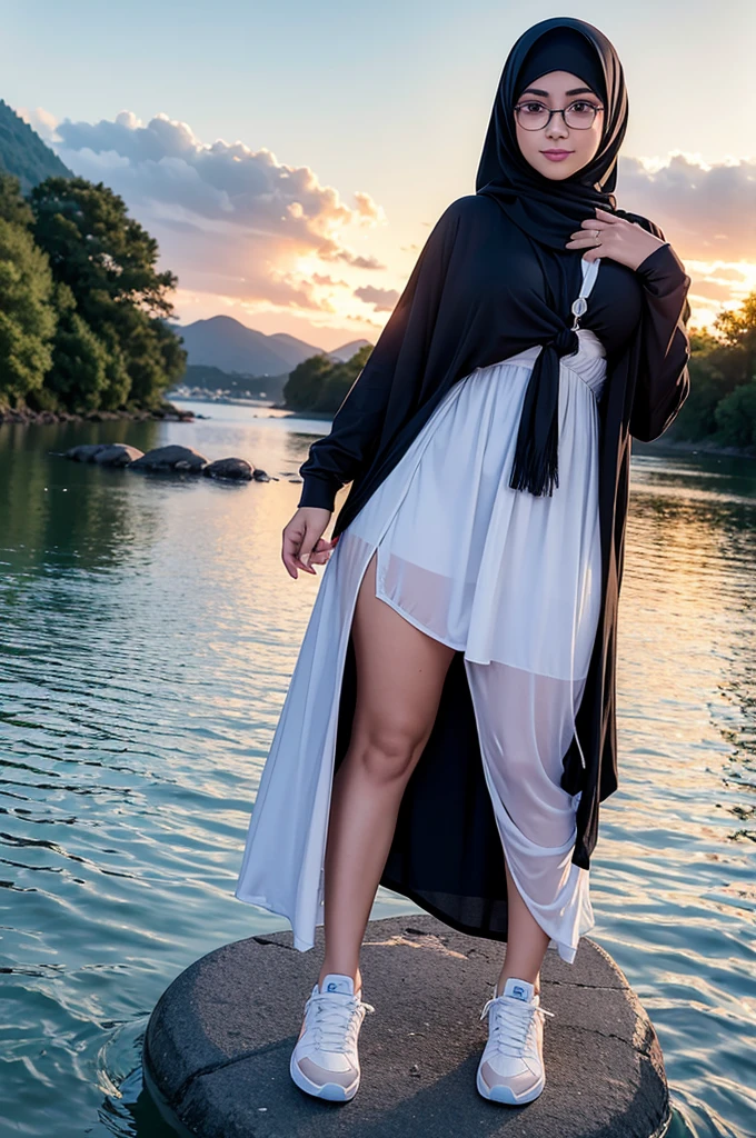 Hijab Beautiful sensual woman with a curvy body, long hair, bangs, twintail, wide waist, fitting breasts, curvy accentuated booty, sparkling eyes, long eyelashes, Strong calves, light smile, taniaayusiregar, beautiful striped summer dress, sneakers, glasses, posing for a picture, river in the background, small Mountain village, photorealistic, sunset, Masterpiece, bokeh, Volumetric lighting, summer atmosphere, high angle shot Hijab