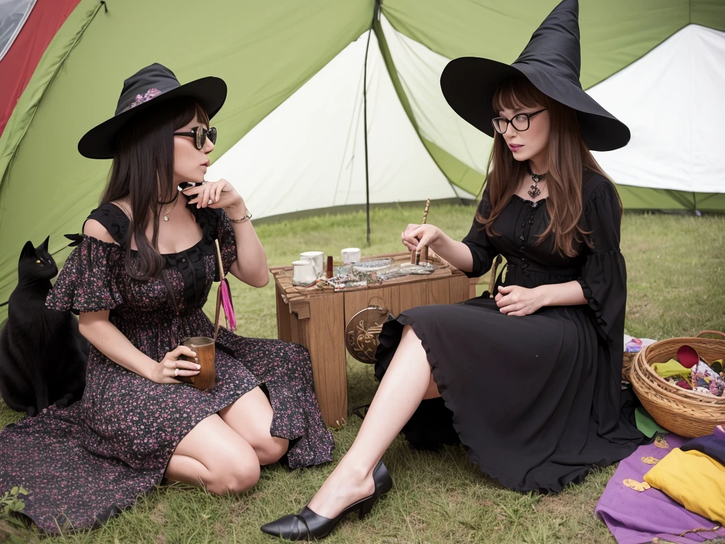 groovy old 1960s witch woman, floral dress, glasses, witch hat, black cat, sitting in a tent smoking her pipe at Woodstock music festival