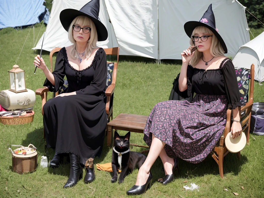 groovy old 1960s witch woman, floral dress, glasses, witch hat, black cat, sitting in a tent smoking her pipe at Woodstock music festival