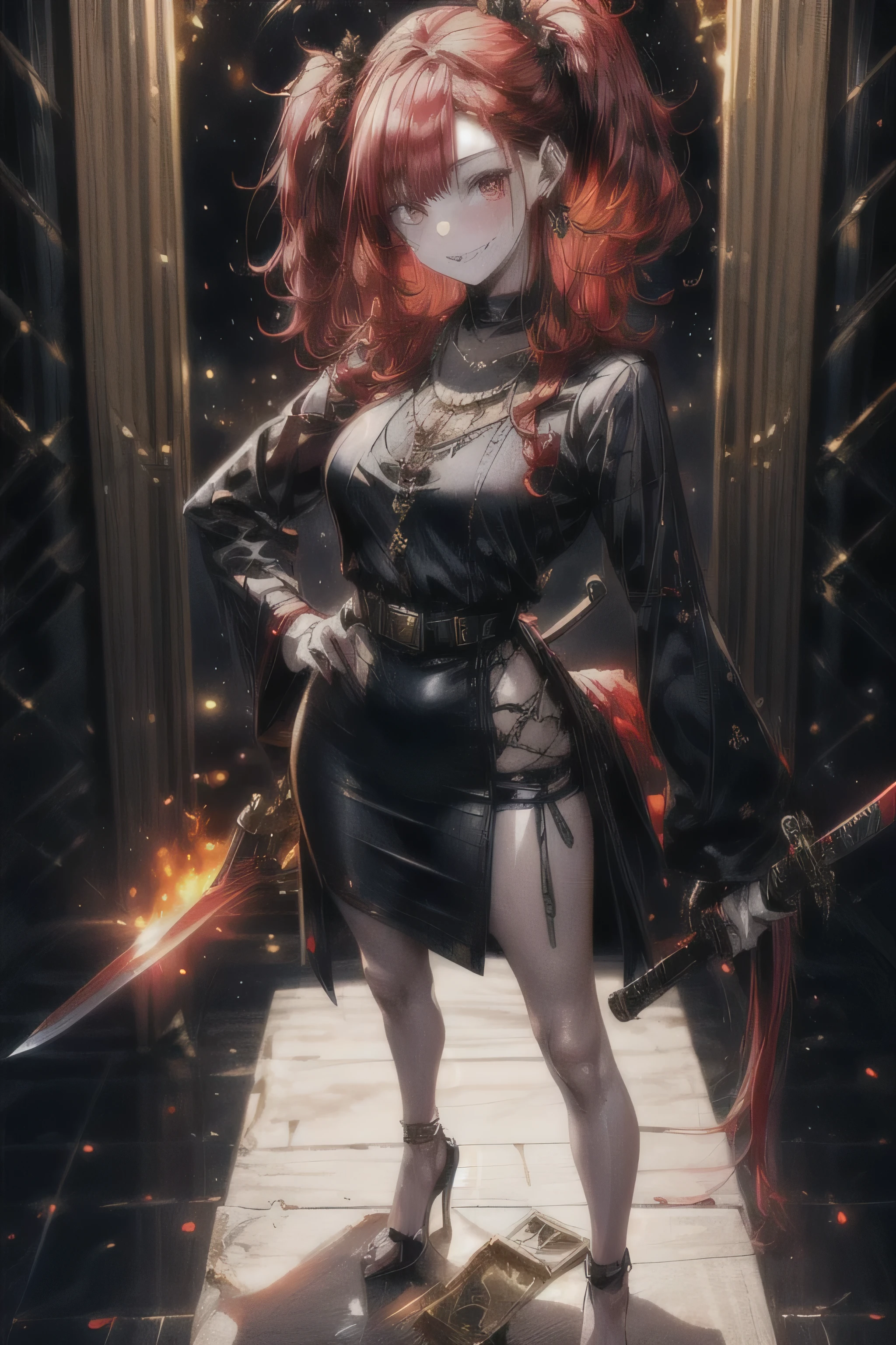 : ((((Picture of a 5 ft 7 inches tall girl with pale skin and long fiery red hair)), 1girl, standing, posing, ((checking her sword)), (( relaxed), casual outfit)), high heels, red hair in two pigtails, ((full frontal pose)), facing slightly off to the viewer side, (( medium shot))), ((soft focus))), ((nice smile)), ((eager eyes))), ((three-quarter sleeve dress)), (((gold jewelry))), ((hehrish background, take me away))), medium breasts, ((feminine ankles))), 22 years old, ((sophisticated attire)))