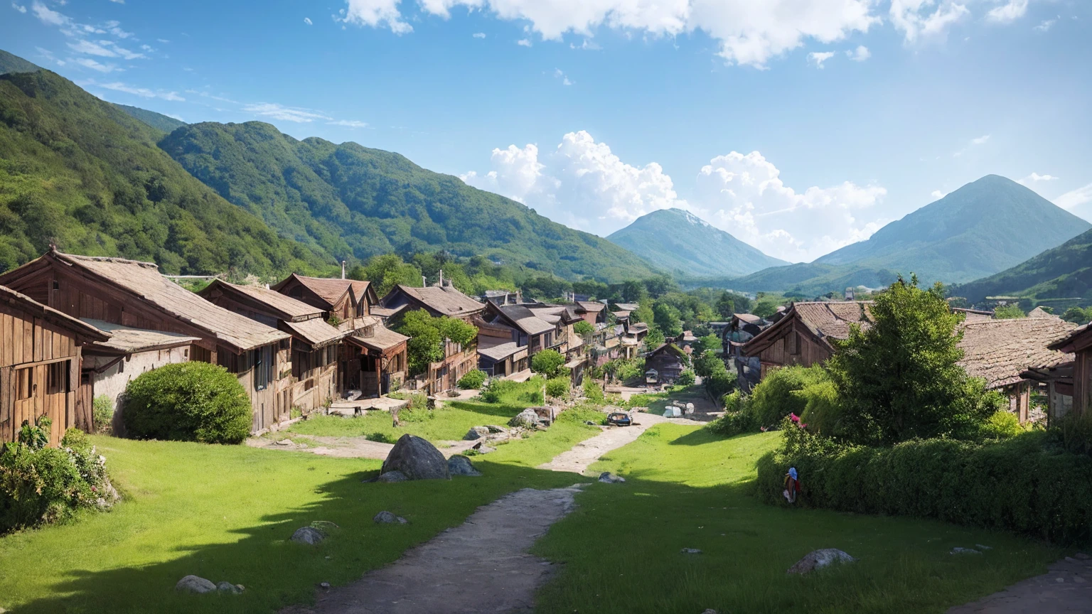 A beautiful village in mountain houses people selling items in market people roaming beautiful wind trees and grass leaves moving direction of wind, extremely small details like leaves on road small rocks and dust on streets, in 8k, 8k, 4k, Stylized realistic, cinematic lighting volumetric lighting, realistic lighting and shadows, Best Quality, masterpiece, Landscape Godrays, day Time