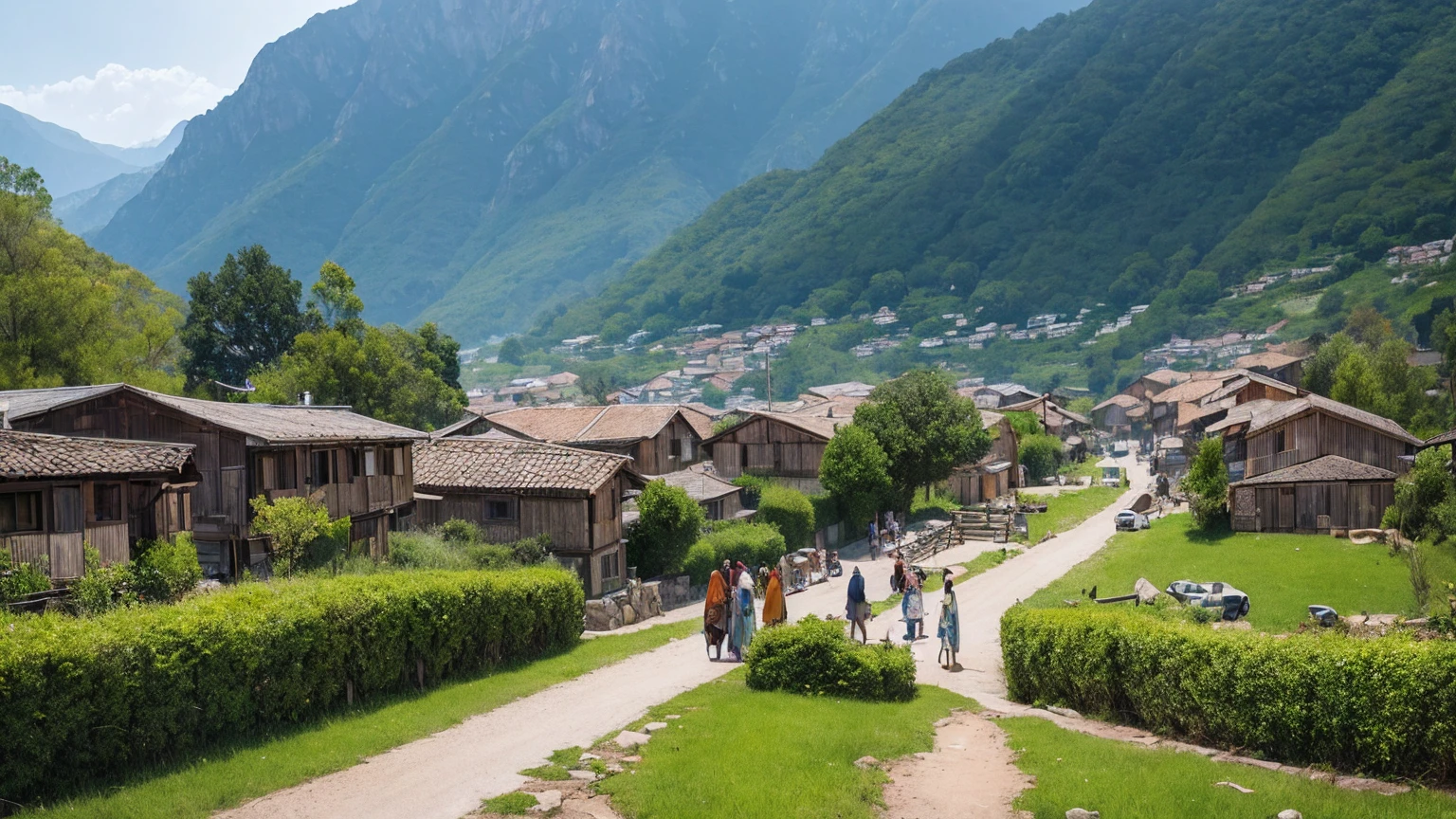 A beautiful village in mountain houses people selling items in market people roaming beautiful wind trees and grass leaves moving direction of wind, extremely small details like leaves on road small rocks and dust on streets, in 8k, 8k, 4k, Stylized realistic, cinematic lighting volumetric lighting, realistic lighting and shadows, Best Quality, masterpiece, Landscape Godrays, day Time