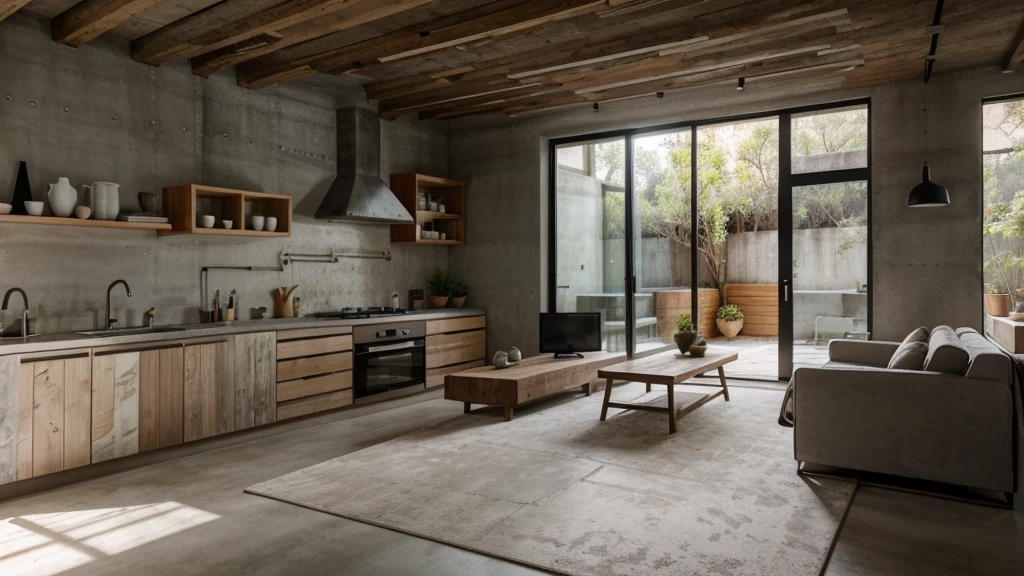 Interior with modern concrete rustic, with backdrop of natural light, wall decorated with old effect cement paint, mix with rivendell architecture, concrete hitech interior, minimal Livingroom with kitchen, beautiful aesthetic design, minimalistic house in the wood, small living room with kitchen, rustic, filled with natural light, modern earthy neutral earthy