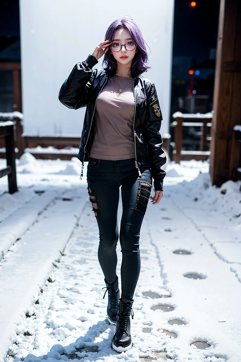1 girl, beautiful purple hair, blue eyes detailed, wearing glasses, wearing military tactical gear, black military jacket, black military pants, plack military boots, winter, night, snow, realistic, ultra-detailed, HDR, 4k, full body, realistic lighting and contrast