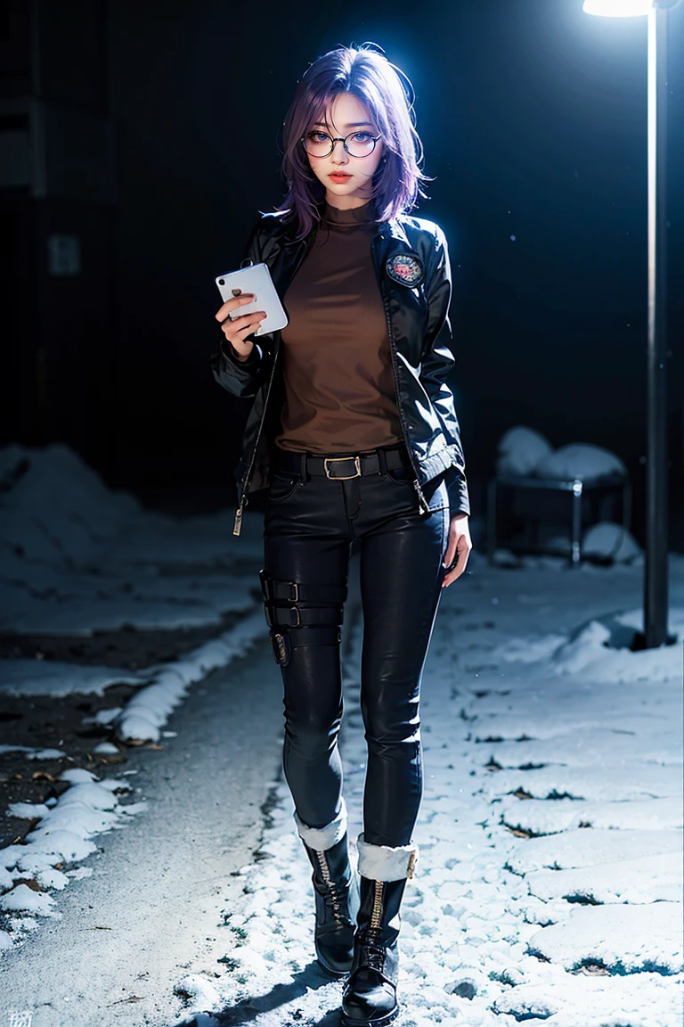 1 girl, beautiful purple hair, blue eyes detailed, wearing glasses, wearing military tactical gear, black military jacket, black military pants, plack military boots, winter, night, snow, realistic, ultra-detailed, HDR, 4k, full body, realistic lighting and contrast